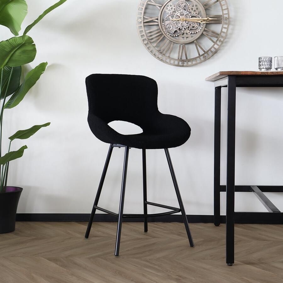 Lizzely Garden & Living SET DEAL: 4 stuks Barkruk industrieel Maike zwart teddy barstoel