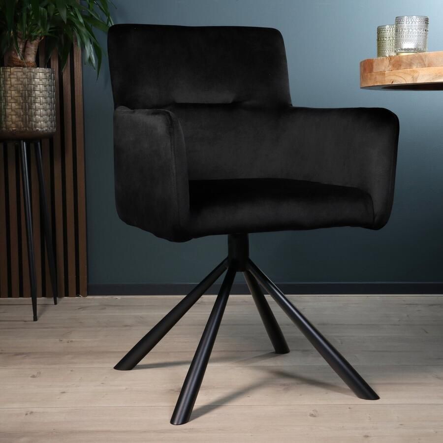 Lizzely Garden & Living SET DEAL: 4 stuks Eetkamerstoel draaibaar met armleuning Puck velvet zwart eetstoel draaibare stoel zetel