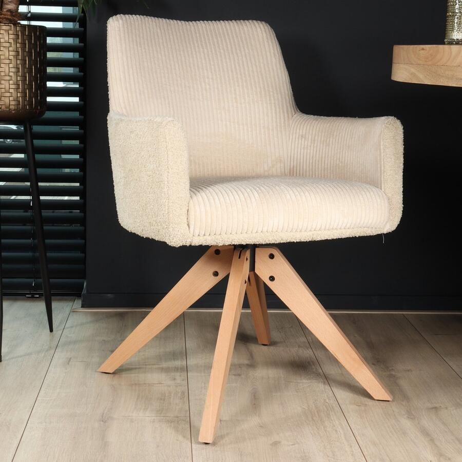 Lizzely Garden & Living SET DEAL: 4 stuks Eetkamerstoel draaibaar met armleuning Gemma ribstof gebroken wit eetstoel draaibare stoel zetel