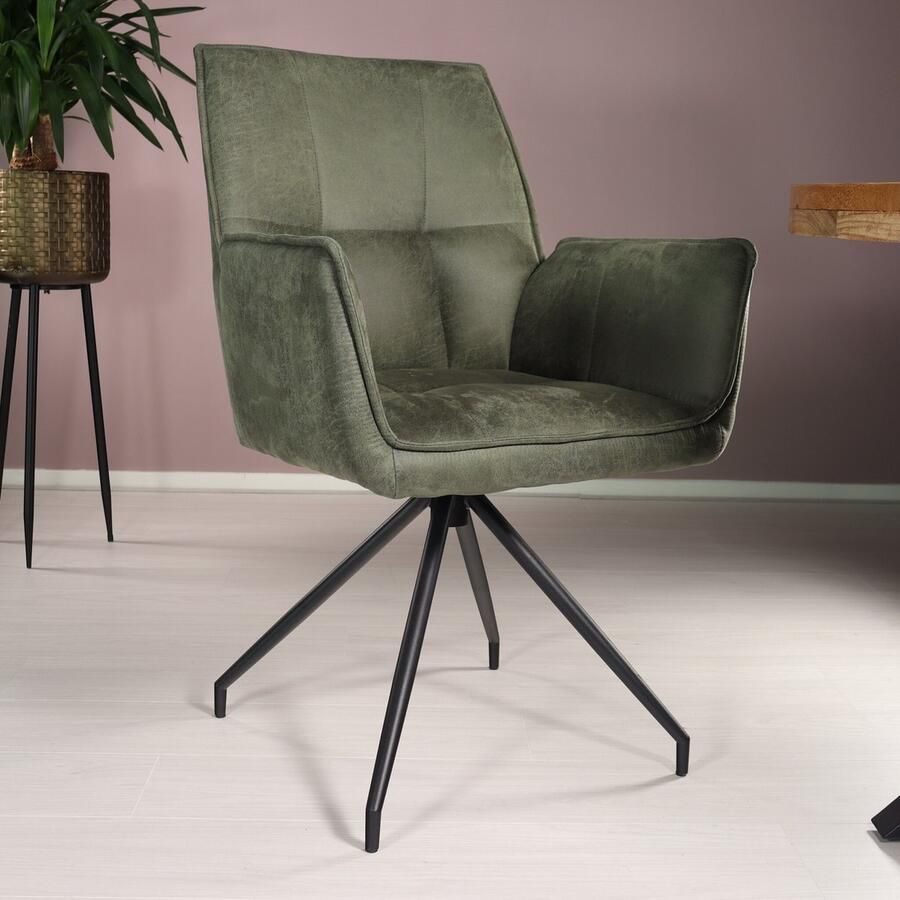 Lizzely Garden & Living SET DEAL: 4 stuks Eetkamerstoel met armleuning Bowie donkergroen microvezel eetstoel industrieel zetel