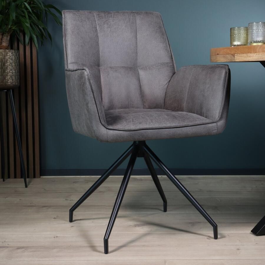 Lizzely Garden & Living SET DEAL: 4 stuks Eetkamerstoel met armleuning Bowie antraciet microvezel eetstoel industrieel zetel