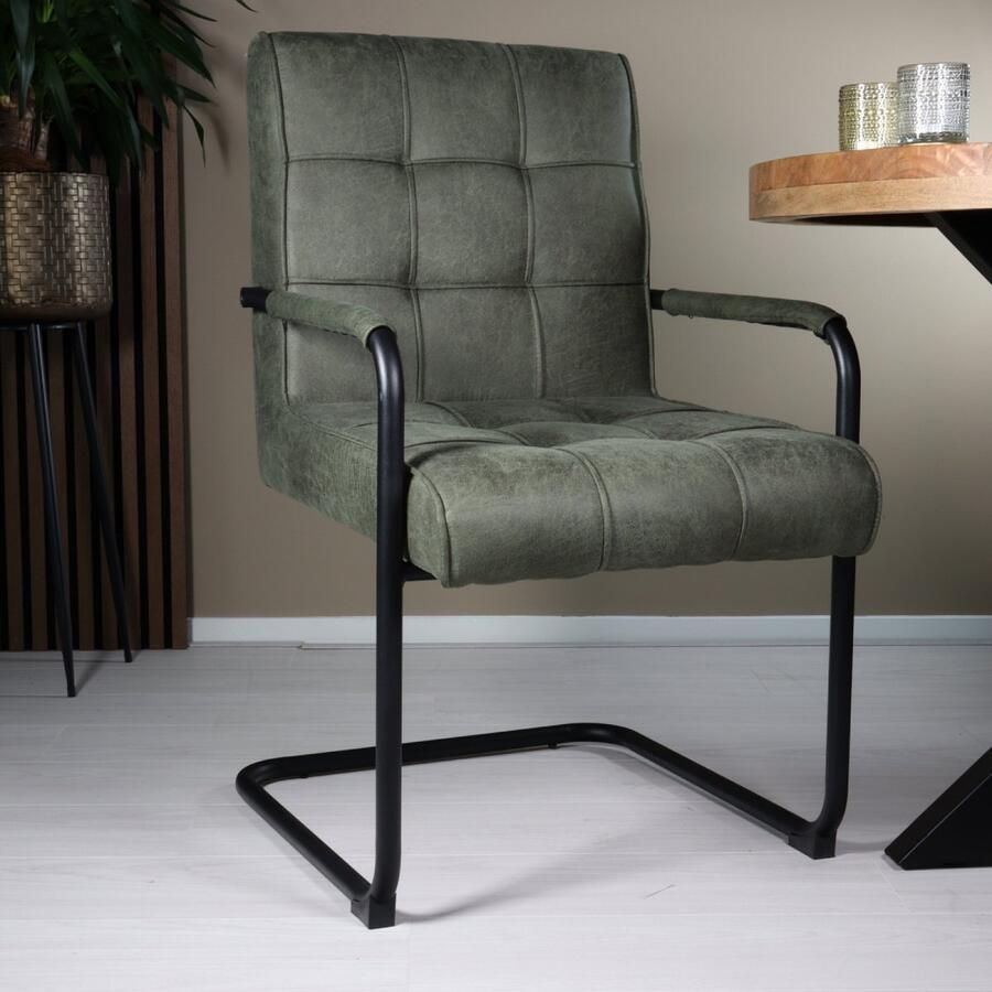 Lizzely Garden & Living SET DEAL: 4 stuks Eetkamerstoel met armleuning Indy donkergroen microvezel eetstoel zetel