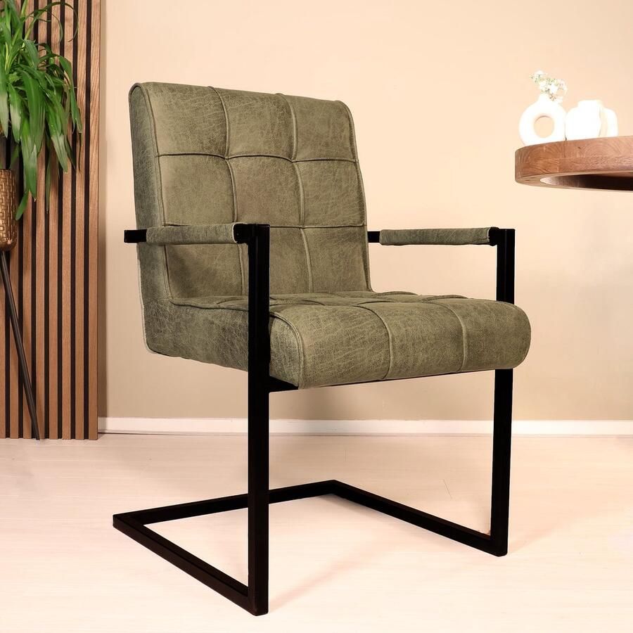 Lizzely Garden & Living SET DEAL: 6 stuks Eetkamerstoel met armleuning Milan donkergroen microvezel industrieel eetstoel zetel