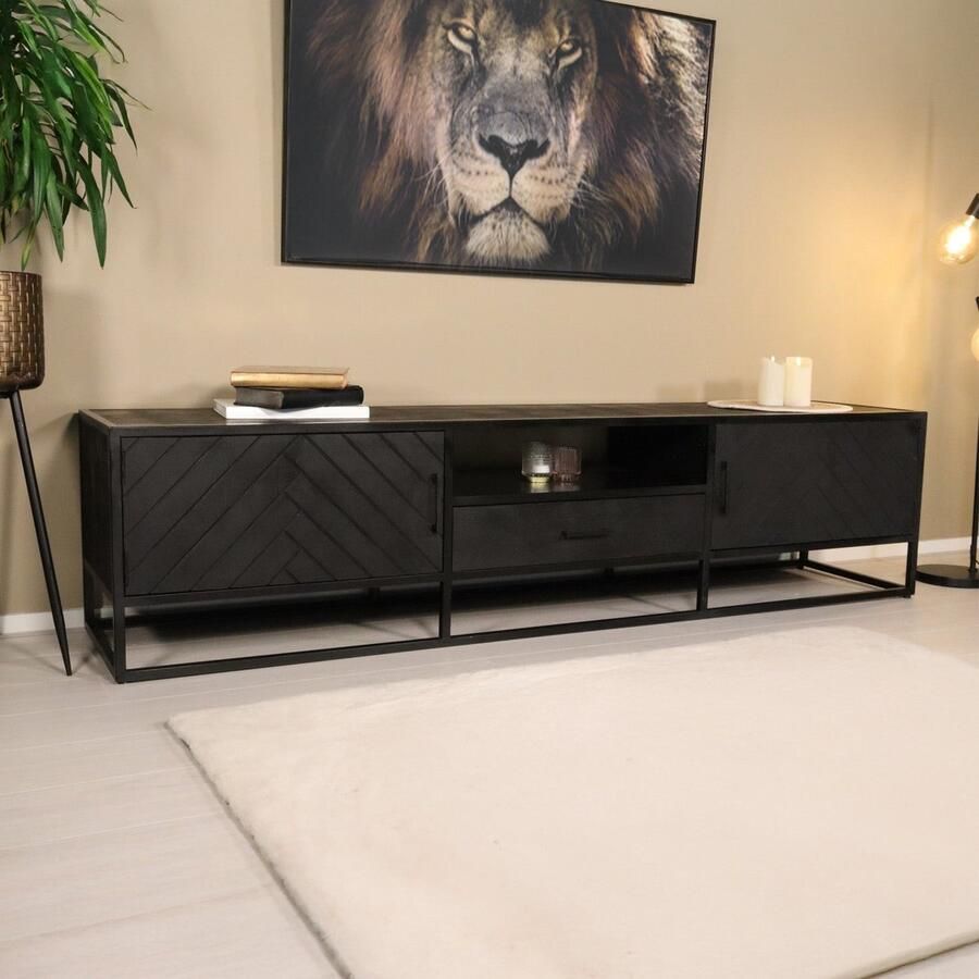 Lizzely Garden & Living TV meubel industrieel mangohout Danae zwart visgraat 210cm tv kast duurzaam mango massief hout tv-meubel - Foto 2