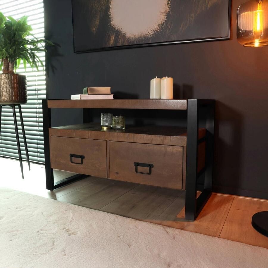 Lizzely Garden & Living TV meubel industrieel mangohout Ilse 100cm walnoot bruin tv kast duurzaam mango massief hout tv-meubel