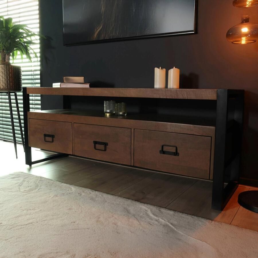 Lizzely Garden & Living TV meubel industrieel mangohout Ilse 150cm walnoot bruin tv kast duurzaam mango massief hout tv-meubel