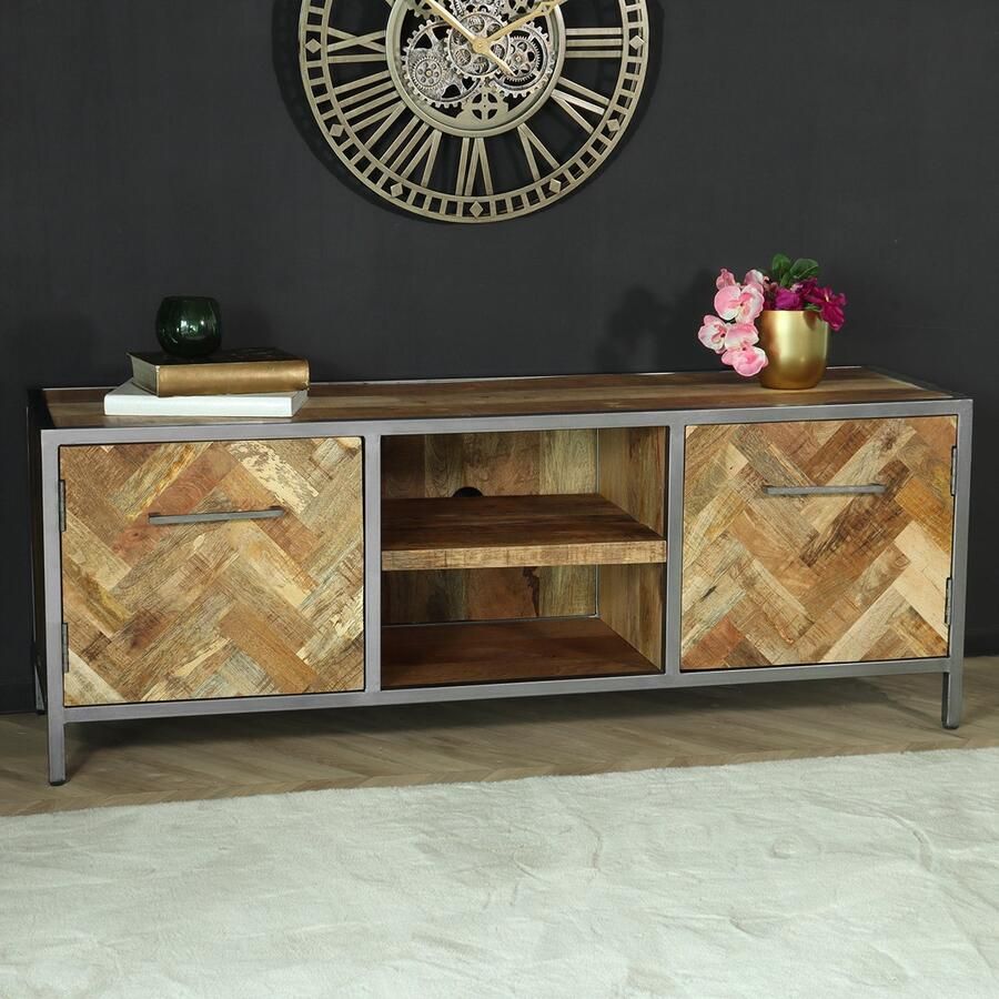 Lizzely Garden & Living TV meubel industrieel mangohout Sofia lichtbruin visgraat tv-meubel 150cm duurzaam mango massief hout