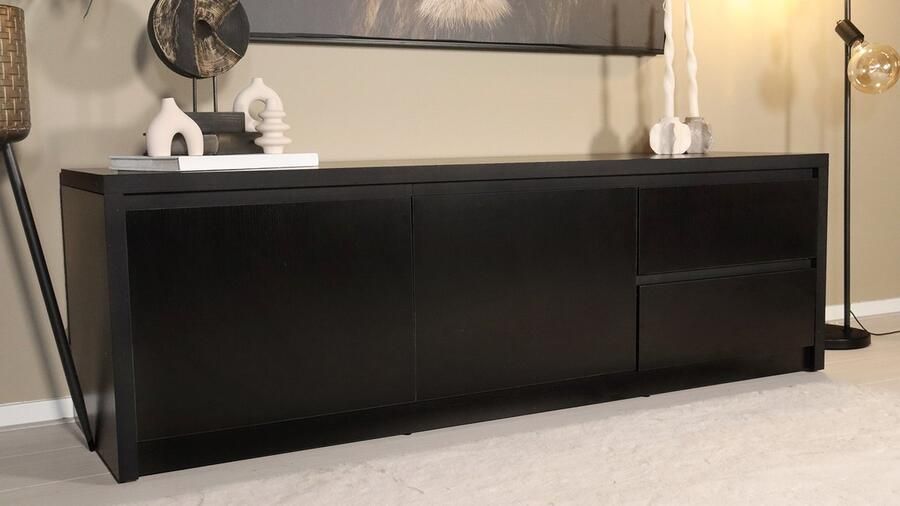 Lizzely Garden & Living Tv meubel melamine Cassie zwart 160cm tv kast duurzaam mango massief hout tv-meubel - Foto 2