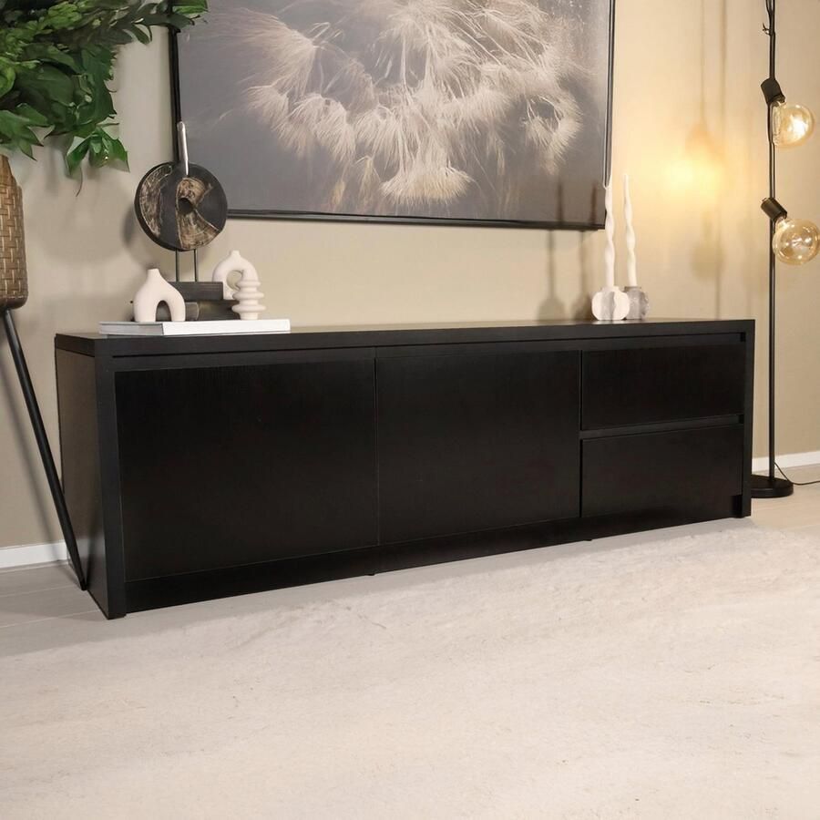 Lizzely Garden & Living Tv meubel melamine Cassie zwart 160cm tv kast duurzaam mango massief hout tv-meubel