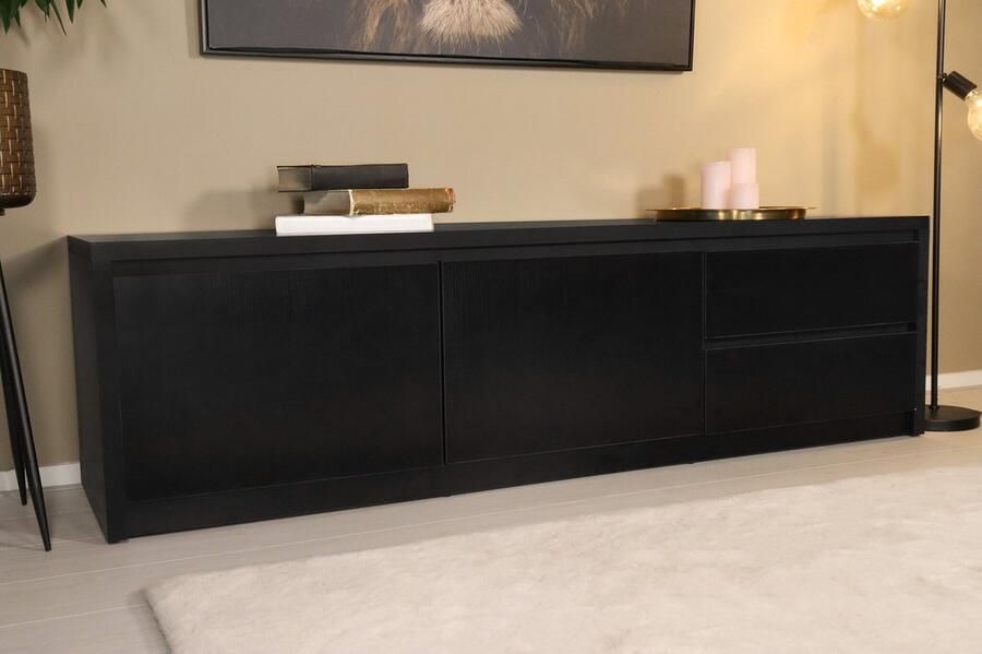 Lizzely Garden & Living Tv meubel melamine Cassie zwart 180cm tv kast duurzaam mango massief hout tv-meubel