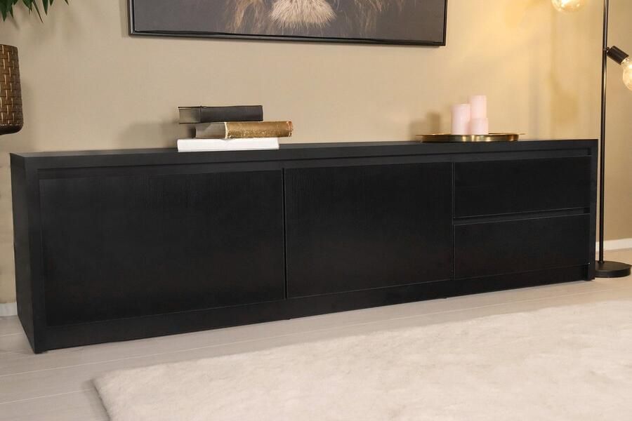 Lizzely Garden & Living Tv meubel melamine Cassie zwart 200cm tv kast duurzaam mango massief hout tv-meubel