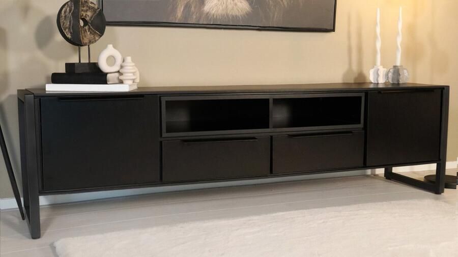 Lizzely Garden & Living Tv meubel melamine Madison zwart 185c tv kast duurzaam mango massief hout tv-meubelm