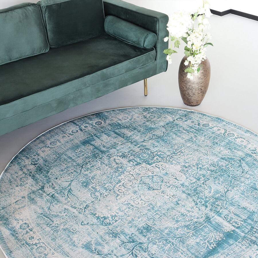 Lizzely Garden & Living Vloerkleed rond vintage 180cm wit donkerblauw perzisch oosters tapijt