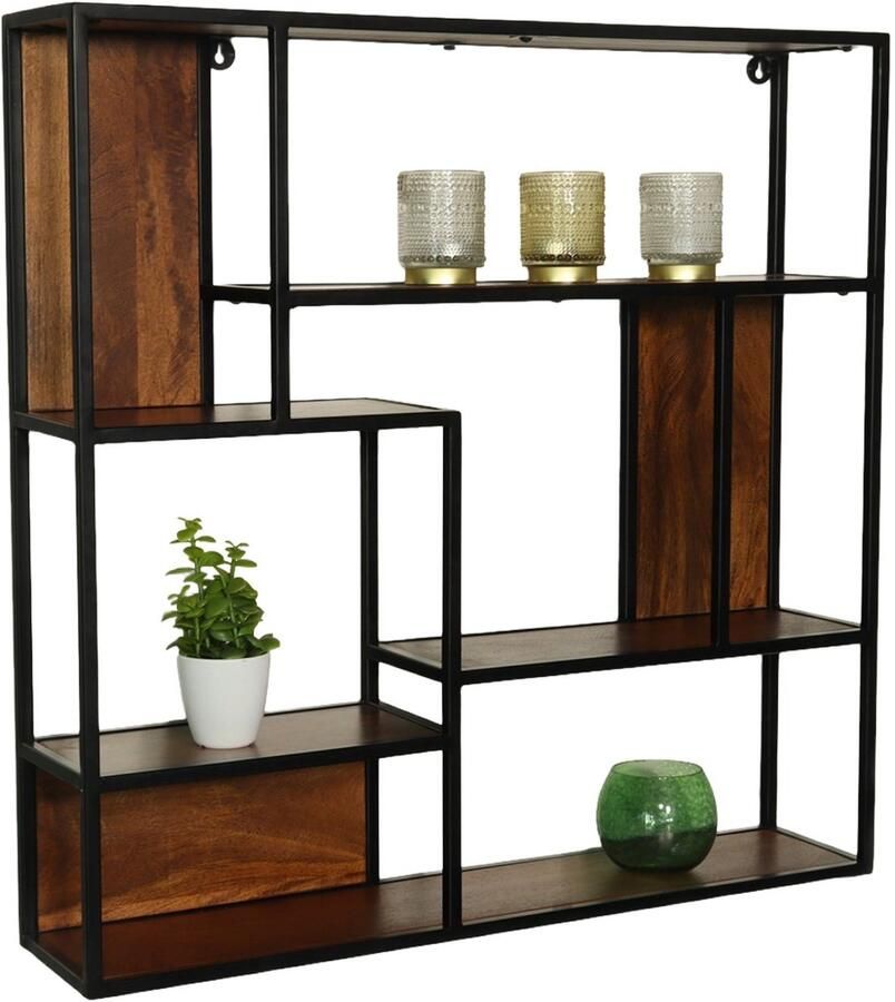 Lizzely Garden & Living Wandrek vierkant Emma industrieel mangohout 75cm bruin muurdecoratie mango hout