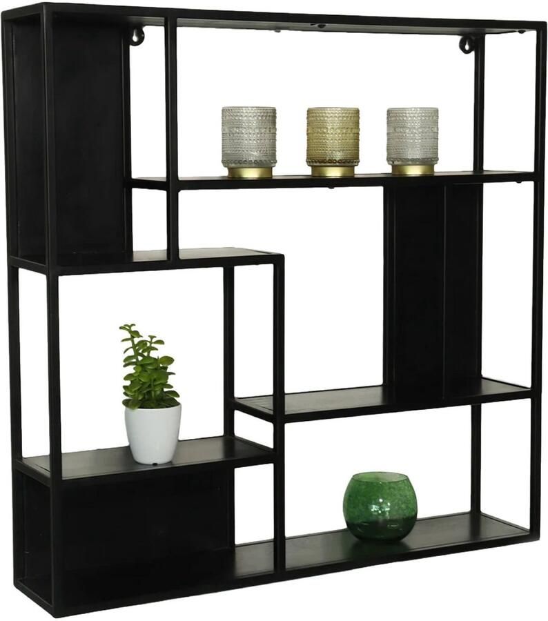 Lizzely Garden & Living Wandrek Emma vierkant industrieel mangohout 75cm zwart muurdecoratie mango hout