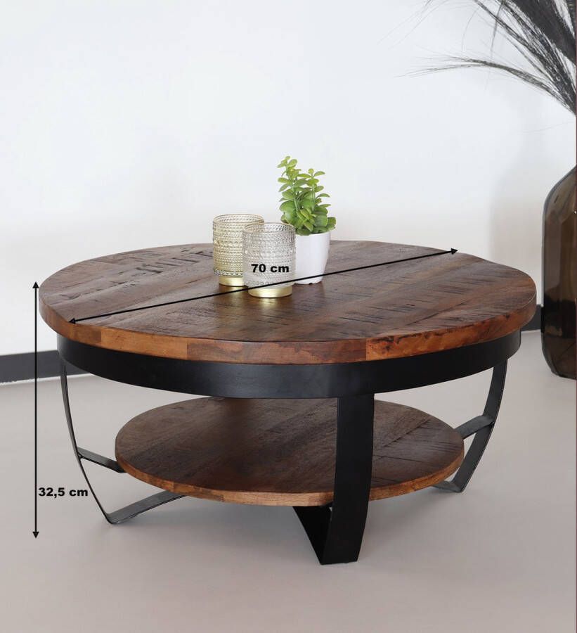 Lizzely Garden & Living Salontafel rond mangohout Sandy bruin side table industrieel duurzaam massief hout mango bijzettafel