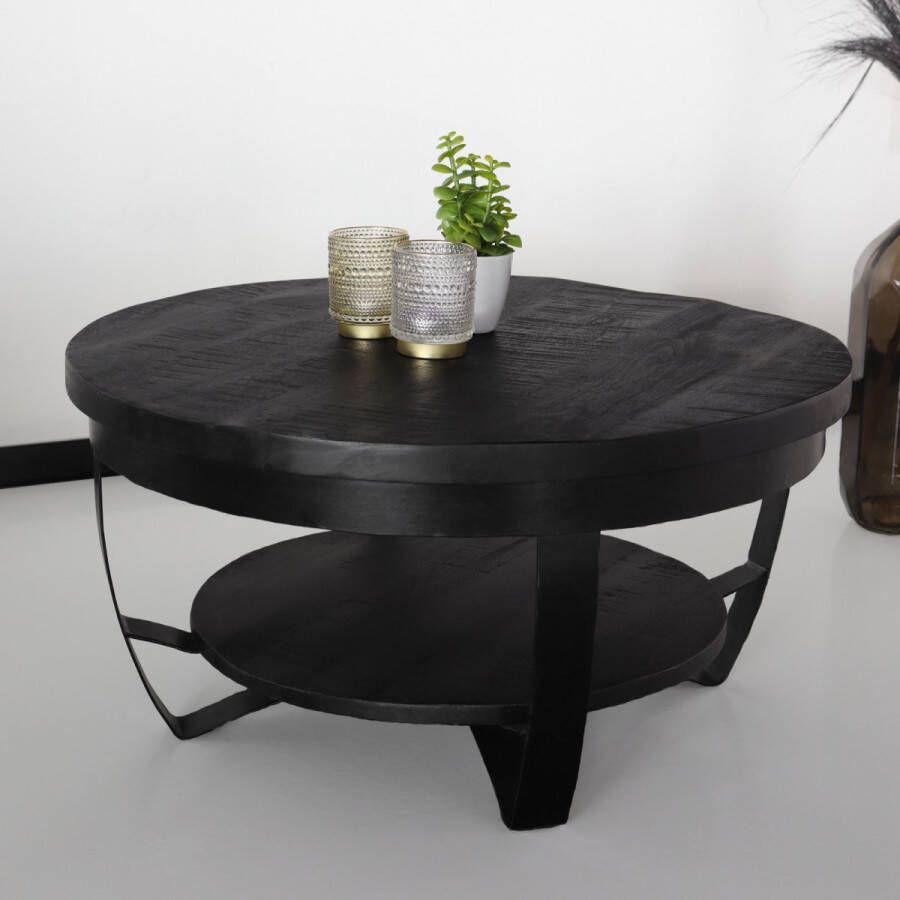 Lizzely Garden & Living Salontafel rond mangohout Sandy zwart side table industrieel duurzaam massief hout mango bijzettafel - Foto 3