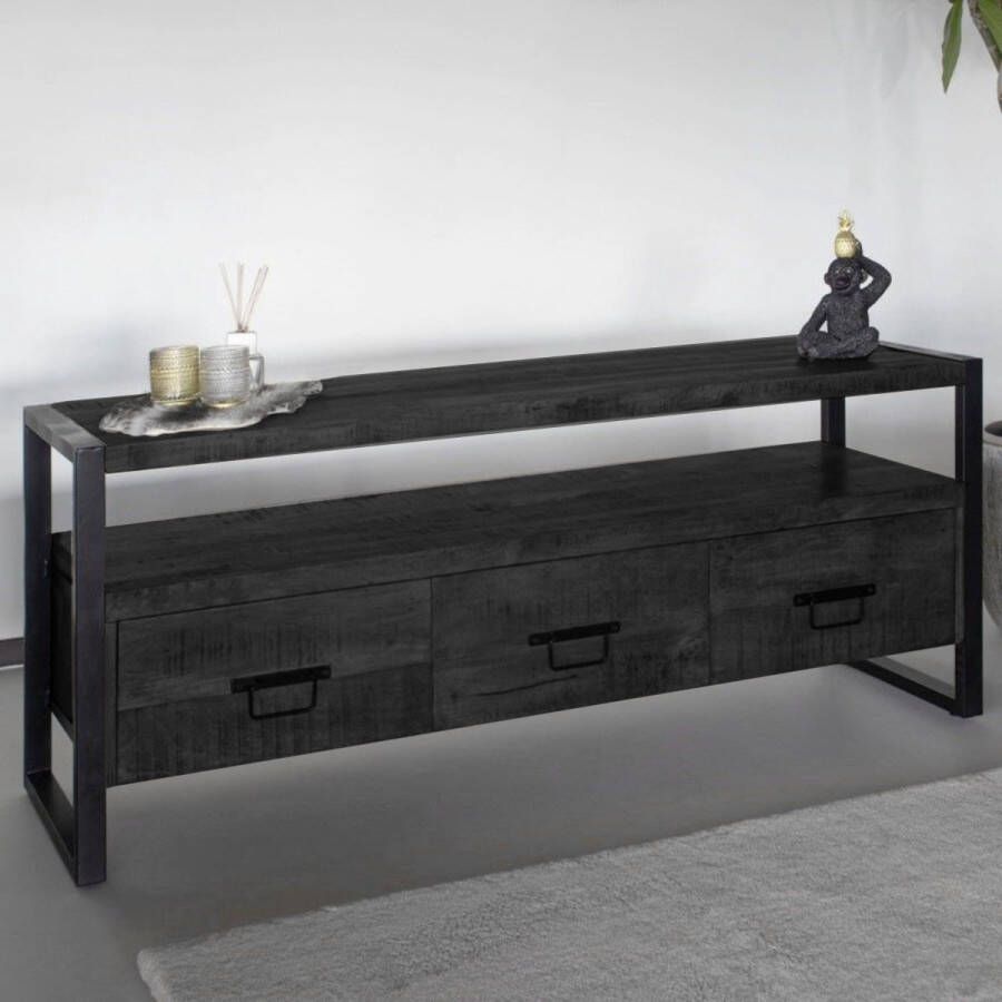 Lizzely Garden & Living TV meubel industrieel mangohout Ilse zwart 150cm tv kast duurzaam mango massief hout tv-meubel - Foto 2