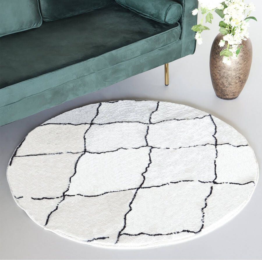 Lizzely Garden & Living Vloerkleed rond moroccan 120cm wit zwart perzisch oosters tapijt