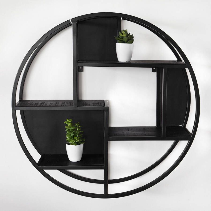 Lizzely Garden & Living Wandrek rond industrieel mangohout Danae zwart 75cm wanddecoratie duurzaam mango hout muurdecoratie