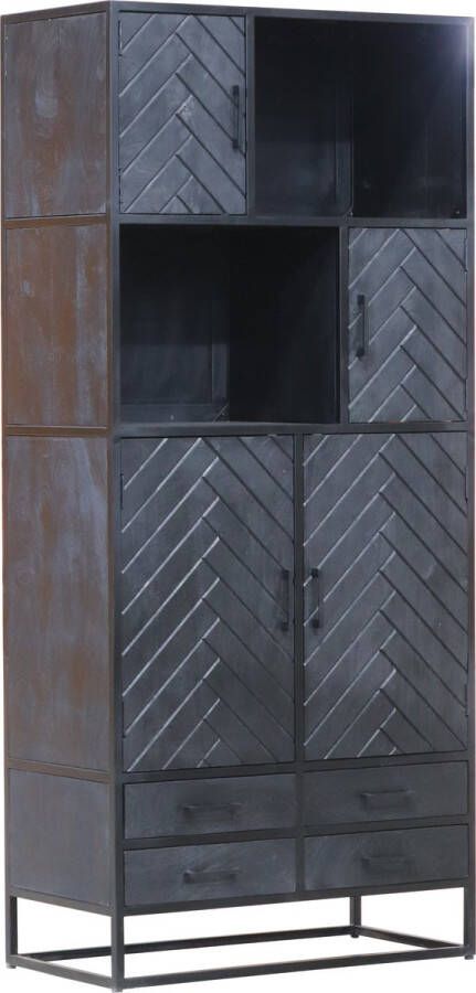 Lizzely Garden & Living Kast industrieel mangohout Paris zwart mango hout visgraat wandkast 200cm vakkenkast