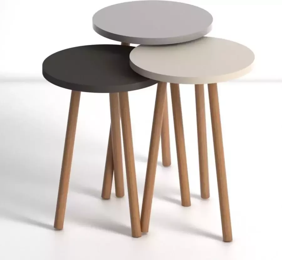 LK Wonen Bijzettafel Naelle set van 3 crème cappuccino bruin hout salontafel koffietafel