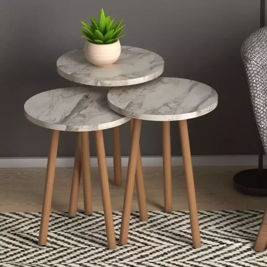 LK Wonen Bijzettafel Naelle set van 3 wit marmer design hout salontafel koffietafel - Foto 2