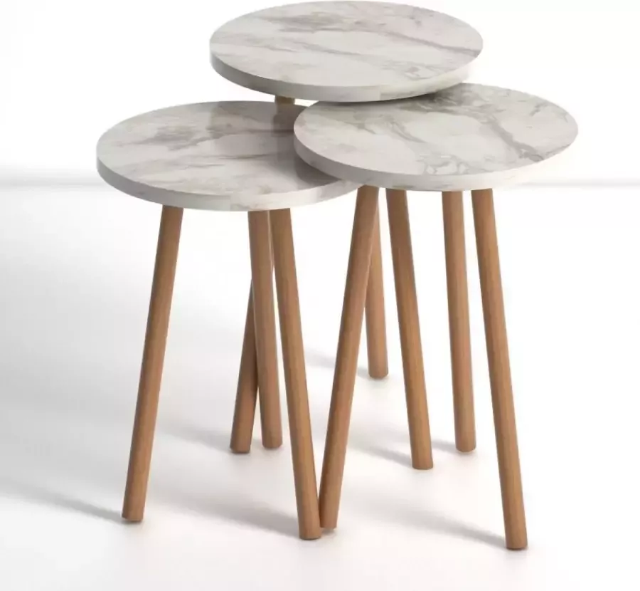 LK Wonen Bijzettafel Naelle set van 3 wit marmer design hout salontafel koffietafel