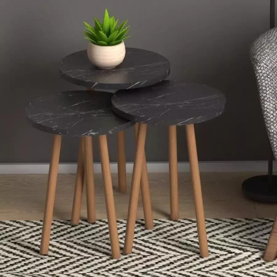 LK Wonen Bijzettafel Naelle set van 3 zwart marmer design hout salontafel koffietafel - Foto 2