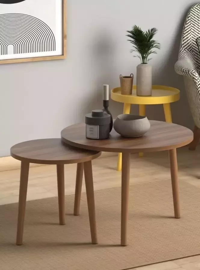 LK Wonen Salontafel set Duolo bruin hout Scandinavisch Bijzettafel Salontafelset