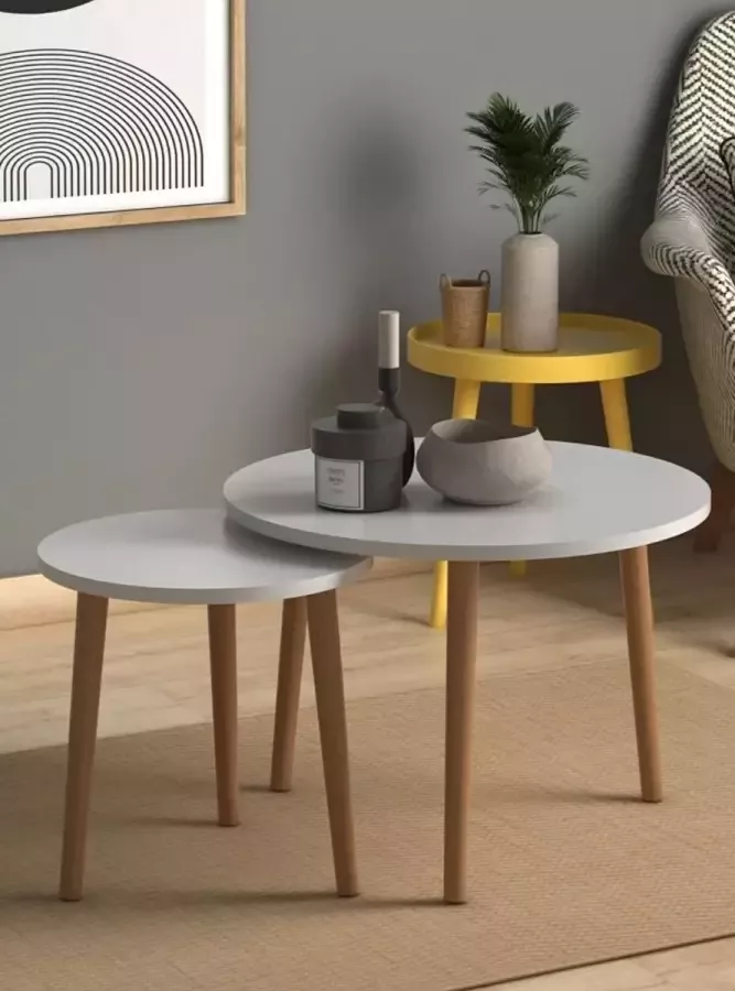 LK Wonen Salontafel set Duolo wit hout Scandinavisch Bijzettafel Salontafelset