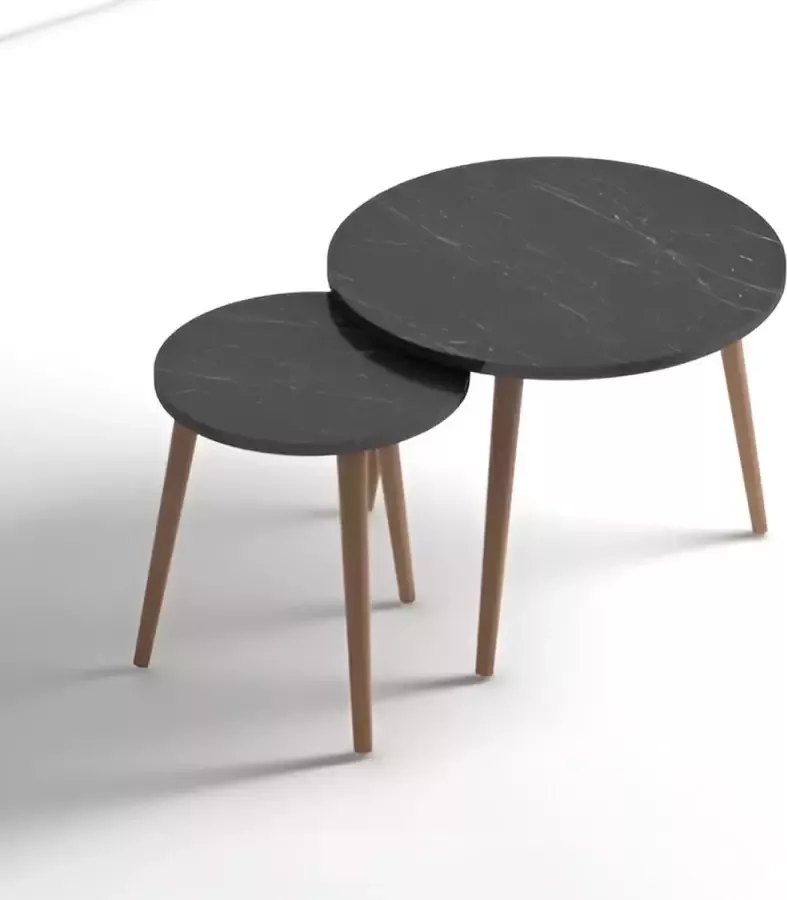 LK Wonen Salontafel set Duolo zwart marmer look hout Scandinavisch Bijzettafel Salontafelset - Foto 2