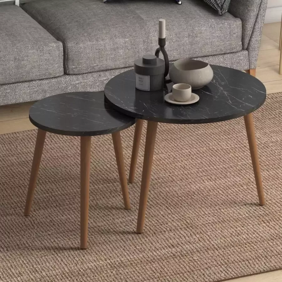 LK Wonen Salontafel set Duolo zwart marmer look hout Scandinavisch Bijzettafel Salontafelset