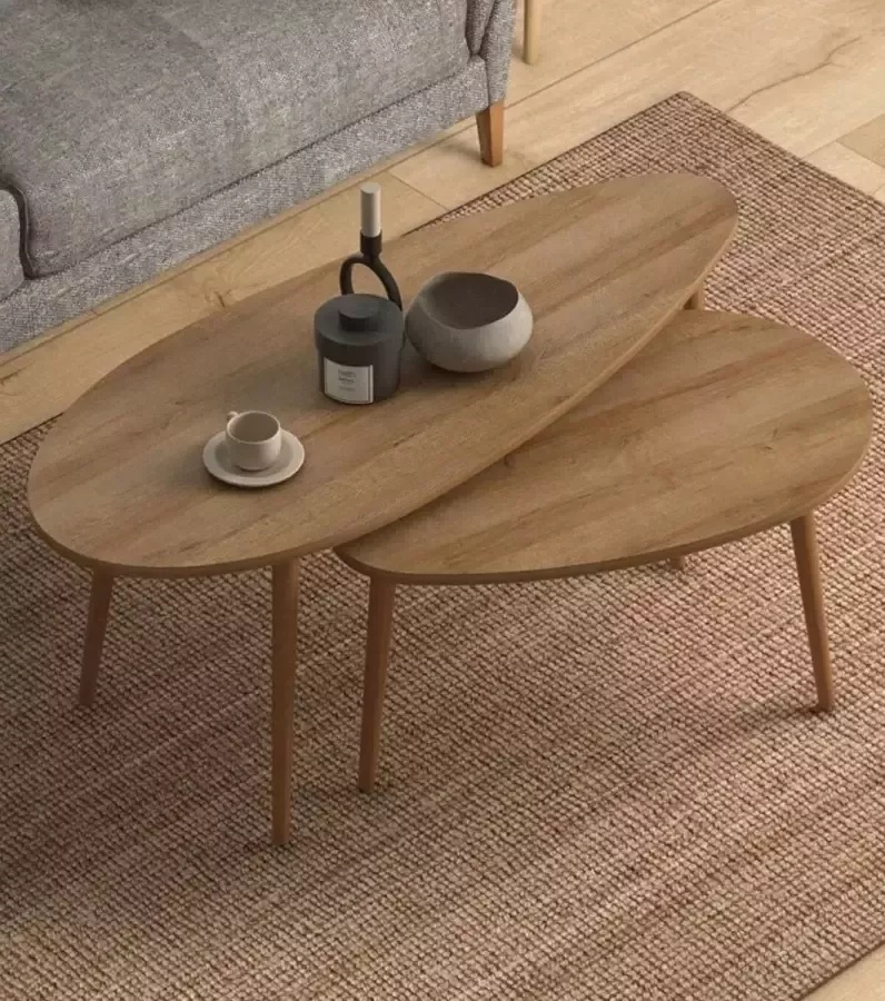 LK Wonen Salontafel set Lebenne ovaal bruin hout Scandinavisch Bijzettafel Salontafelset