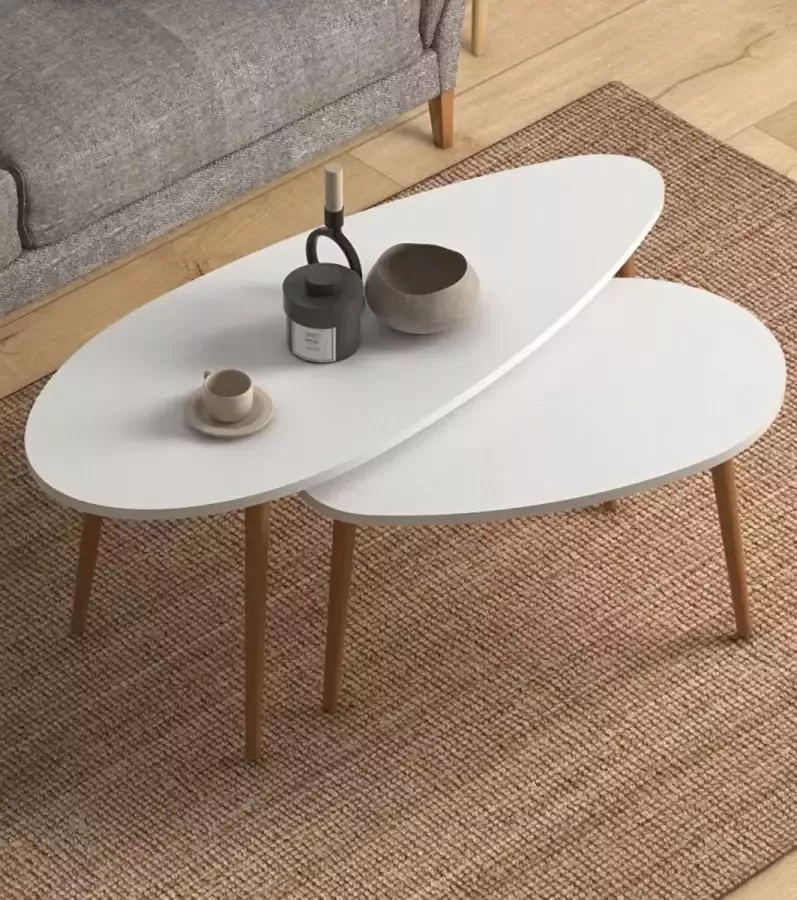 LK Wonen Salontafel set Lebenne ovaal wit hout Scandinavisch Bijzettafel Salontafelset