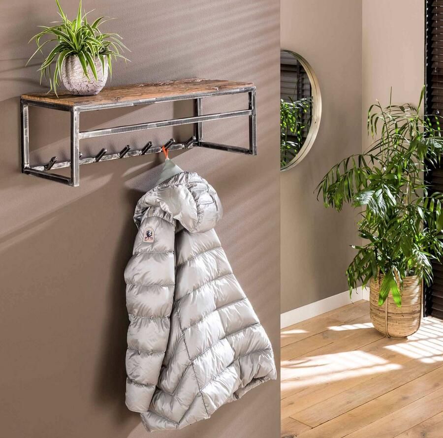 LM-Collection Grained 7 haken Kapstok 80x30x27cm Bruin Grijs Metaal Hout- wandkapstok kapstok staand kapstok wandkapstok kapstokken kapstok hangend kapstok zwart