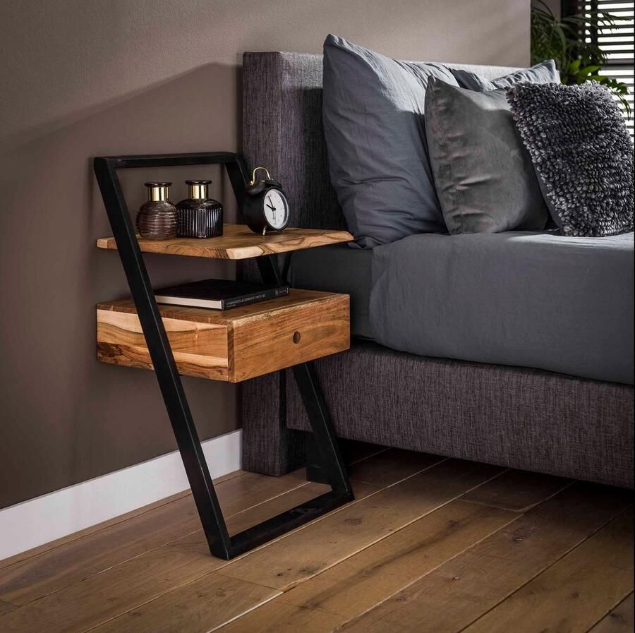 LM-Collection Lean Nachtkast 45x35x77cm Bruin Zwart Massief Acaciahout nachtkastje zwevend nachtkastjes modern nachtkastjes industrieel