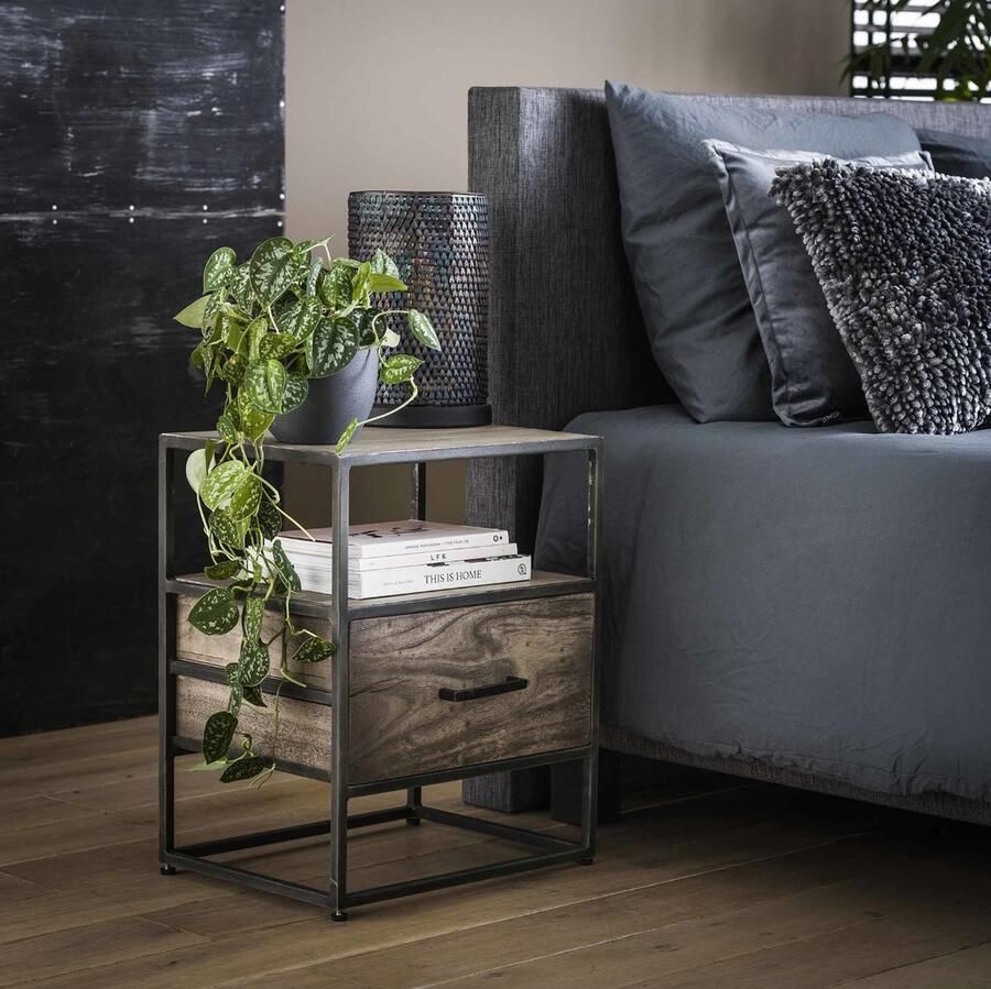 LM-Collection Turf Nachtkast 45x35x55cm Bruin Zwart Metaal Hout nachtkastje zwevend nachtkastjes modern nachtkastjes industrieel