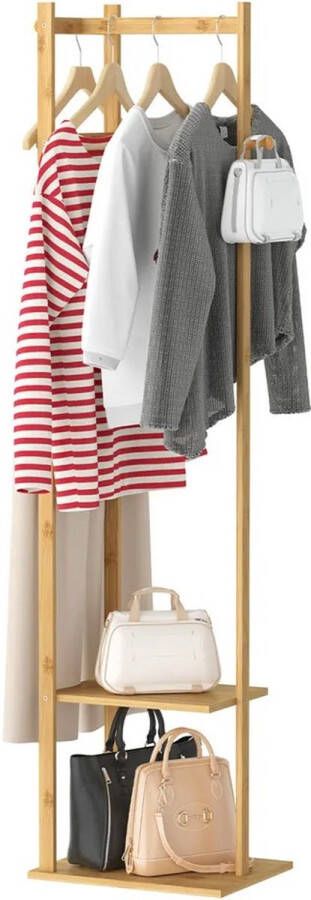 L.N. Store Bamboe Kledingrek Met 2 Tier Opbergplanken Houten Kledingrek Kapstok Met Hanger Haken en Broek Hanger