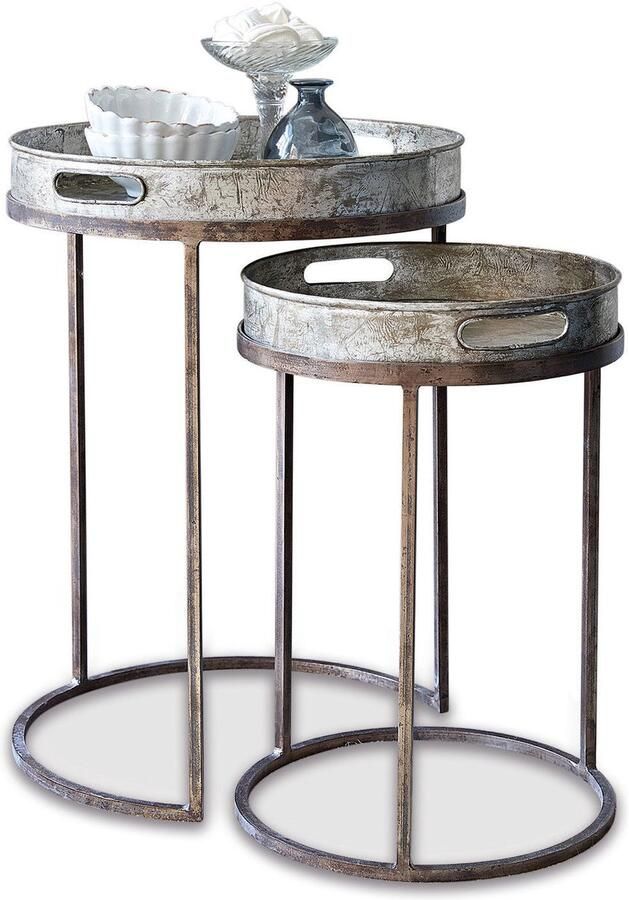 Loberon 2-delige set bijzettafeltjes Saint Mark antiekzilverkleurig bruin
