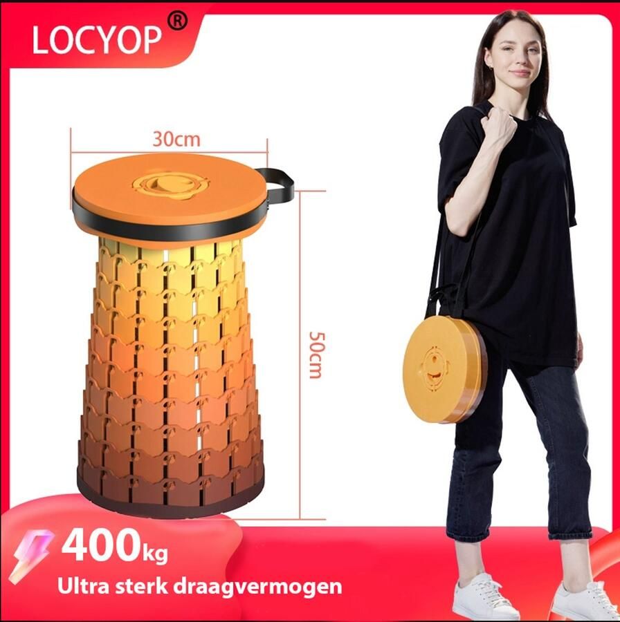 LOCYOP MAXSTAB Opvouwbare Kruk Kunstof krukje Telescoop kruk Inklapbaar Verstelbaar Draagbaar Extra Hoog Brede Zitting Anti-slip 300KG Belastbaar Camping Kruk Zomer Festival Stoel Picknick Stoel Stevig en Veilig Oranje met kussen - Foto 2