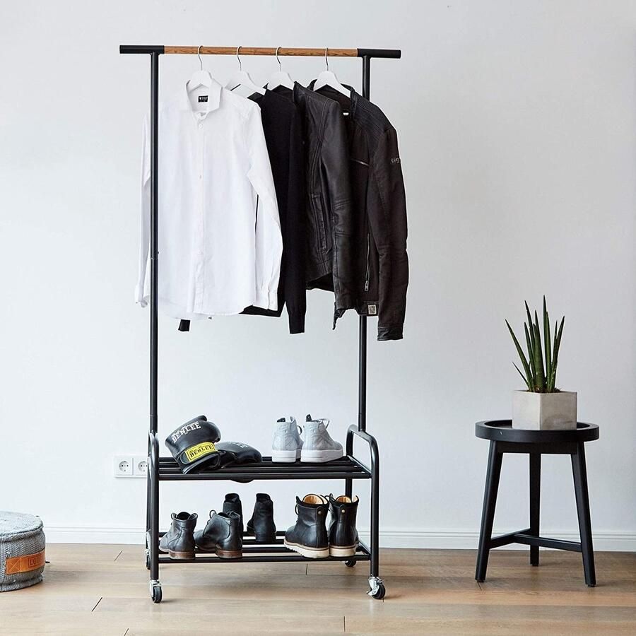 LOVE !T STORE !T Love it Store it Loft kapstok op wielen Kapstok met 1 kledingstang en 2 planken in industriële stijl Stevig Zwart houtlook