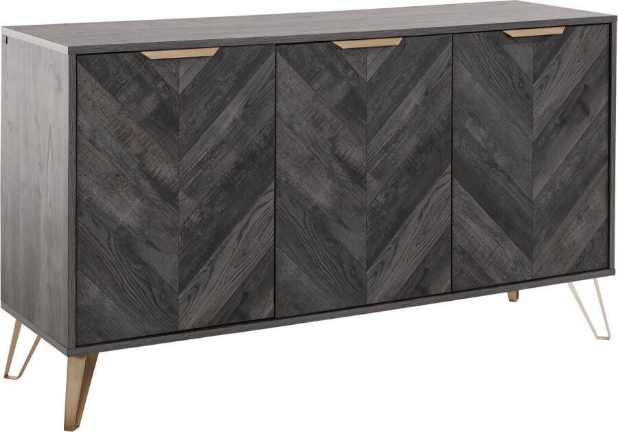 Loft24 Dark Wood|Dressoir 3 Deurs Spaanplaat Folie Metaal Zwart
