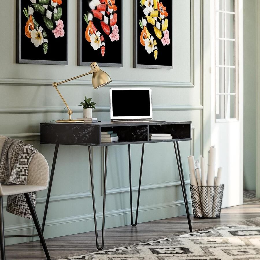 Loft24 Computerbureau met 2 compartimenten in zwart marmer van gelamineerd spaanplaat