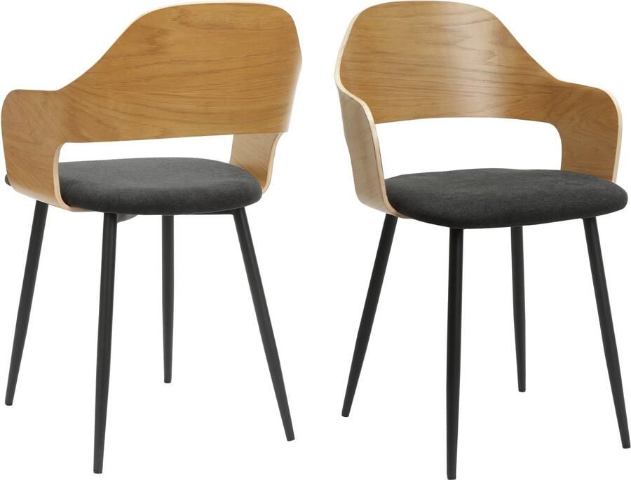 Loft24 Belle|Eetkamerstoel met armleuning in stof eikenlook zwart Set van 2