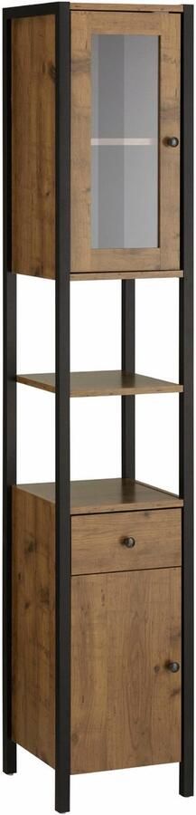 Loft24 Chris|Hoge kast met 1 glazen deur en 1 spaanplaatdeur in eiken zwart