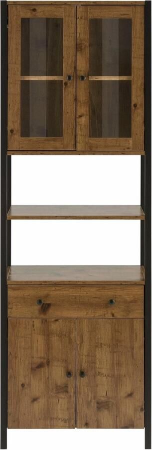 Loft24 Chris|Hoge kast Spaanplaat Folie Metaal Glas Pacific eik Antraciet Zwart