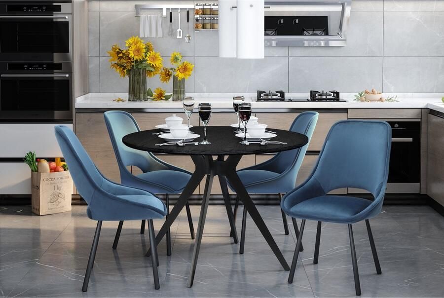 Loft24 Eliza|Eetkamerstoel in donkerblauw fluweel met zwarte metalen poten Set van 2