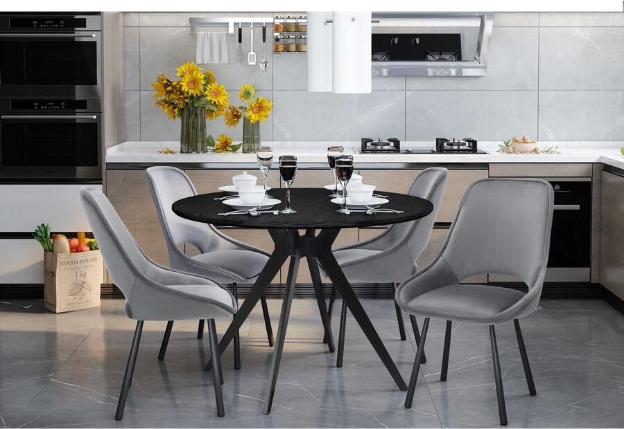 Loft24 Eliza|Eetkamerstoel in lichtgrijs fluweel met zwarte metalen poten Set van 2