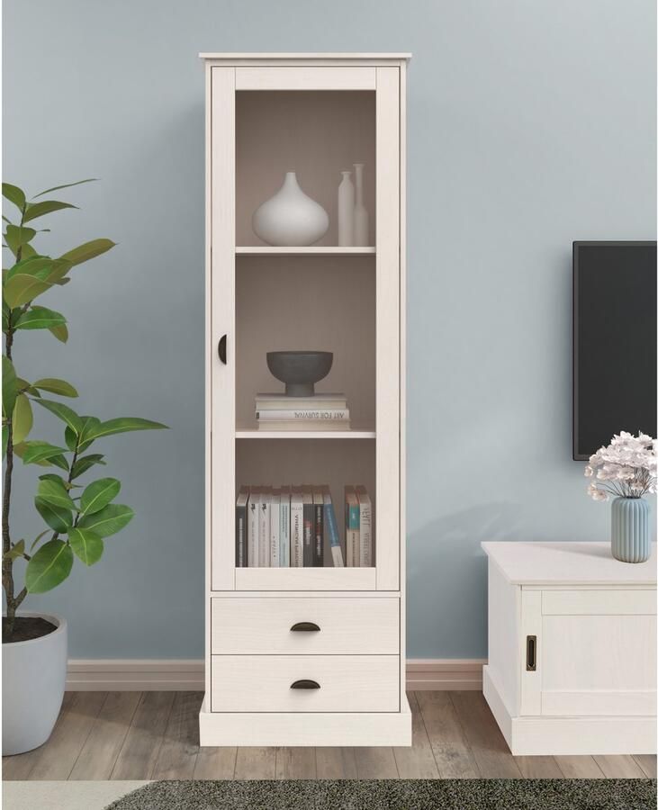 Loft24 Harry|Vitrine met 1 glazen deur en 2 lades in dennenwit